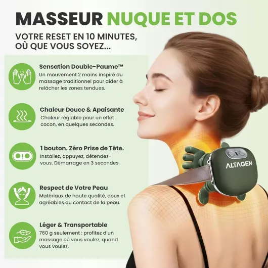 Masseur Cervical ALTAGEN® Main Massante Nuque, Masseur de Cou Chauffant - Masseur nuque et cervicales : massage dos et cervicales 4D Shiatsu pour relâcher épaules et haut du dos