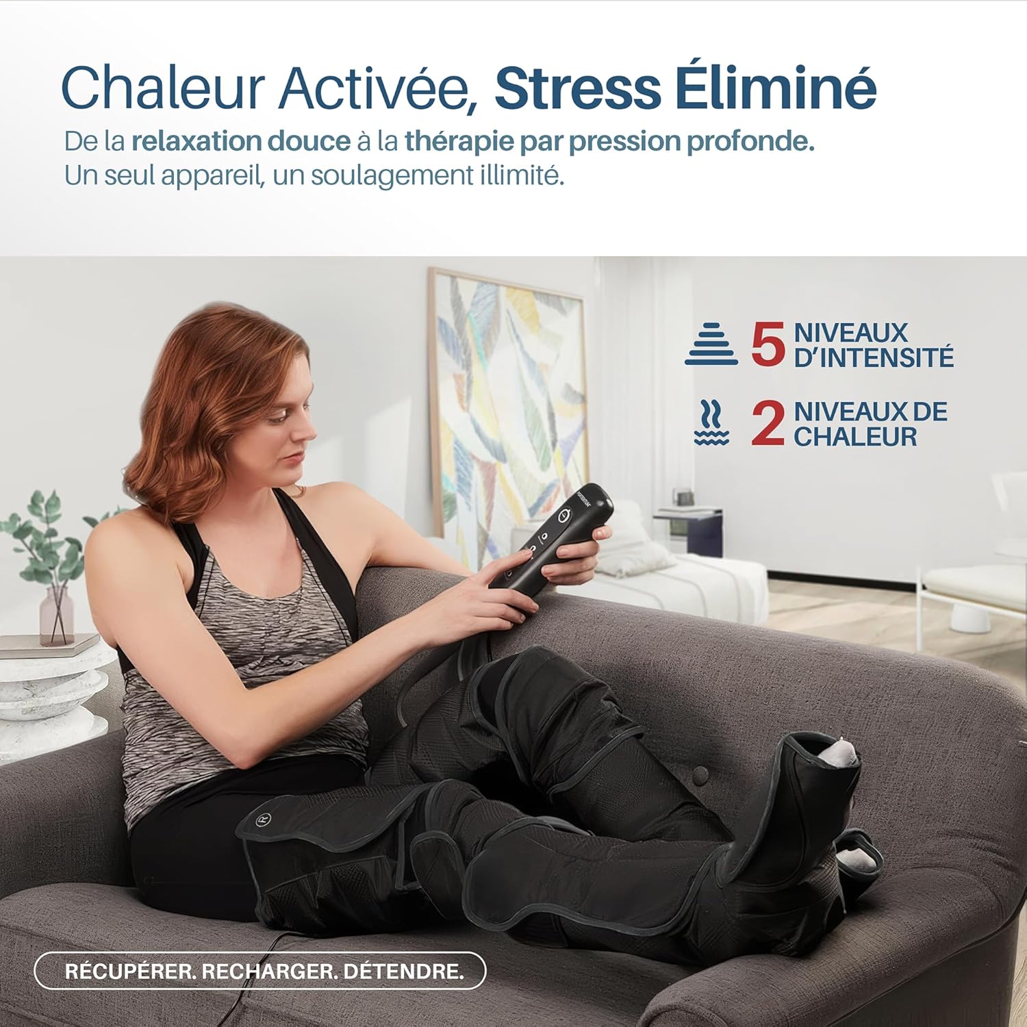 Bottes de pressothérapie avec chaleur réglable – 5 niveaux de compression d’air – Télécommande – Favorise le drainage lymphatique – Soulage la sensation de fatigue et de lourdeur