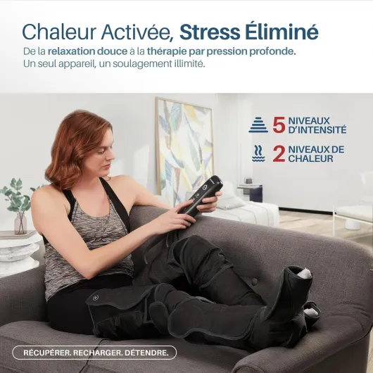 Bottes de pressothérapie avec chaleur réglable – 5 niveaux de compression d’air – Télécommande – Favorise le drainage lymphatique – Soulage la sensation de fatigue et de lourdeur